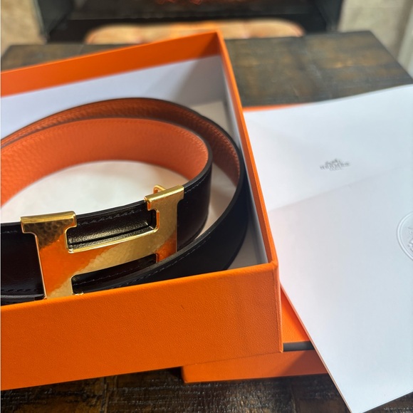 Hermes Black and Orange Leather Belt. Classic H Gold Buckle. - Picture 5 of 5